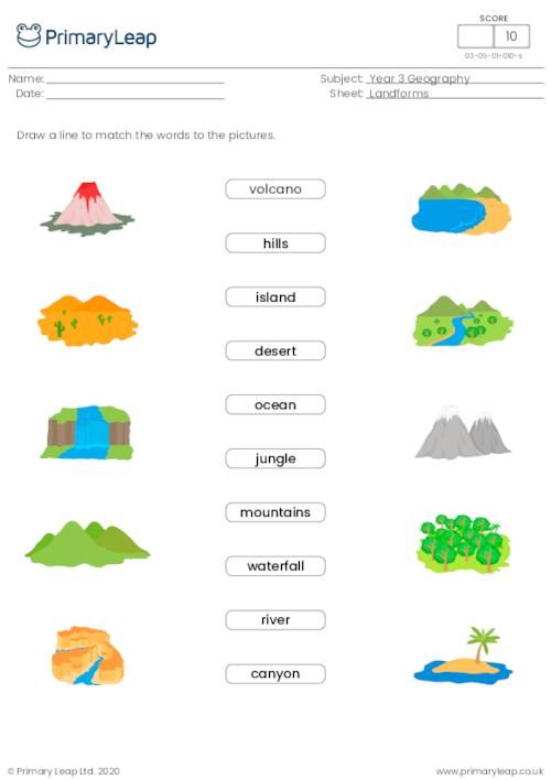 Geography: Word and picture matching   Landforms | Worksheet