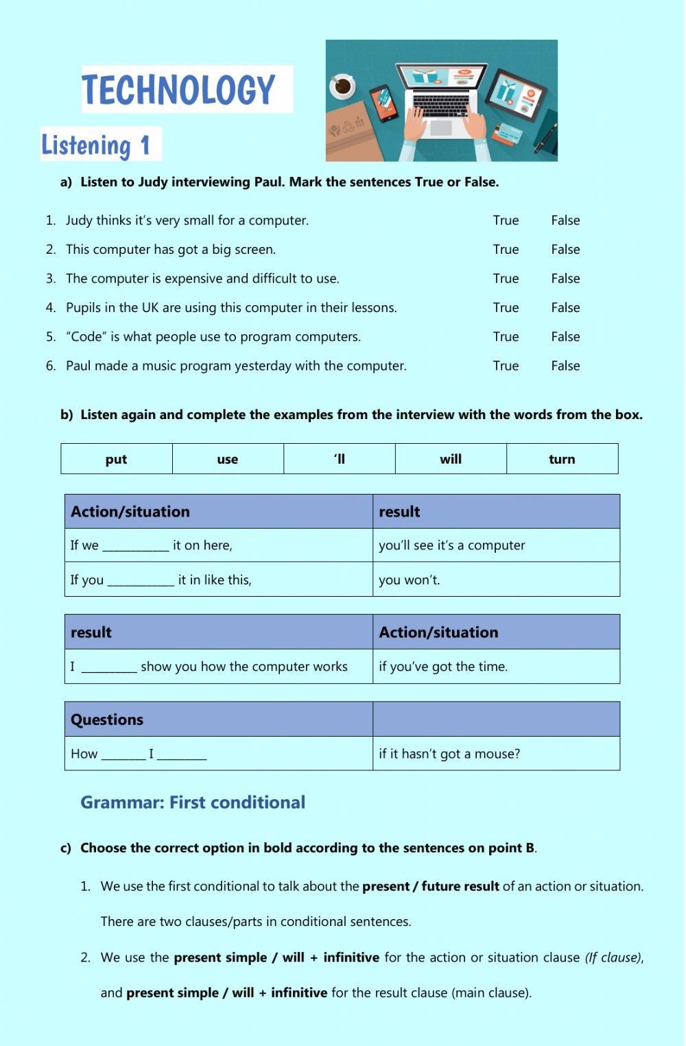 Technology - first and second conditional worksheet