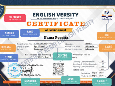 Contoh Sertifikat TOEFL ITP Prediction 1